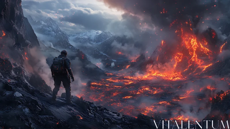 Solitary explorer surveys molten volcanic hellscape.