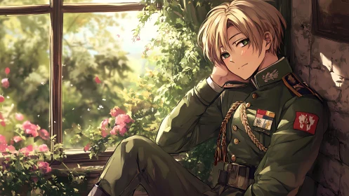 Relaxed anime soldier resting beside bright garden window.