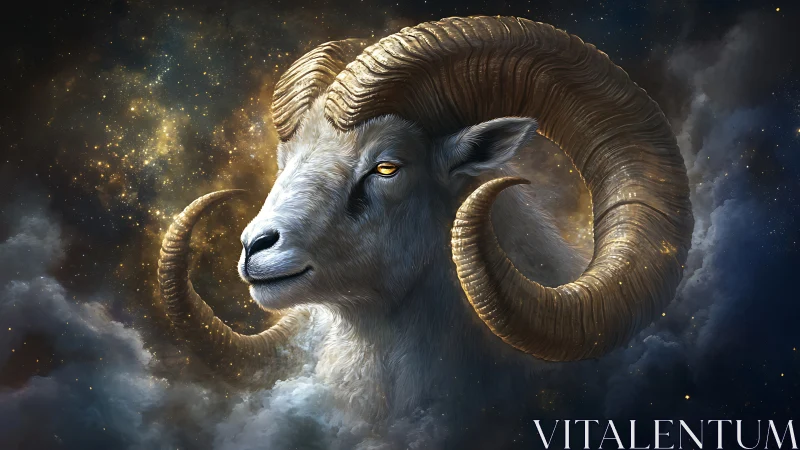 Majestic celestial ram gazes calmly through starlit clouds
