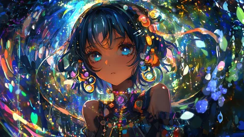 Holographic anime portrait of jeweled girl in prismatic bokeh field