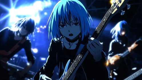 Blue-haired anime bassist drives intense live stage energy.