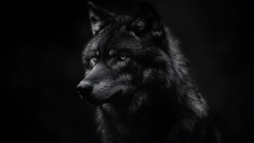 Midnight wolf in obsidian light, gaze carved from starlight.
