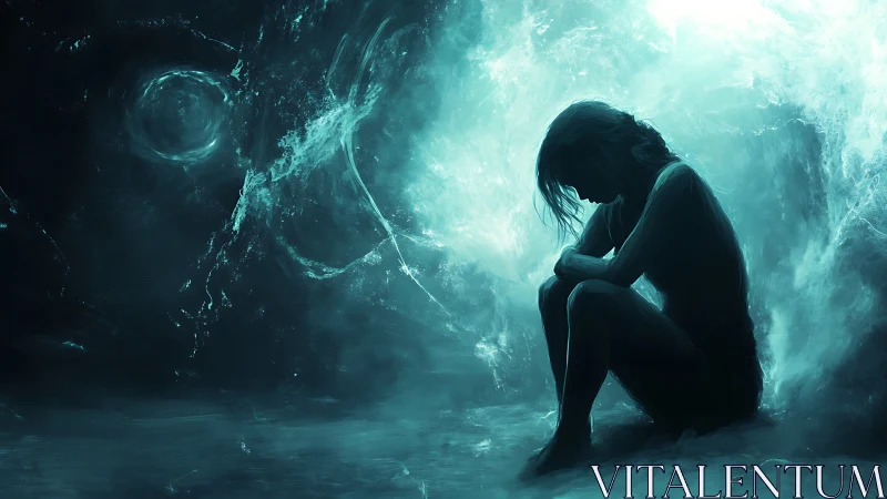 Silhouetted figure sits alone in swirling blue darkness.