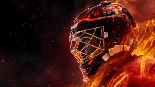 Hockey goalie portrait burns through darkness in molten fire