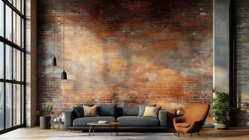 Industrial loft living room with rustic brick wall focus.
