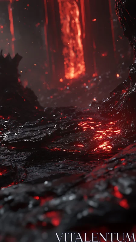 Volcanic lava corridor rendered with cinematic depth of field