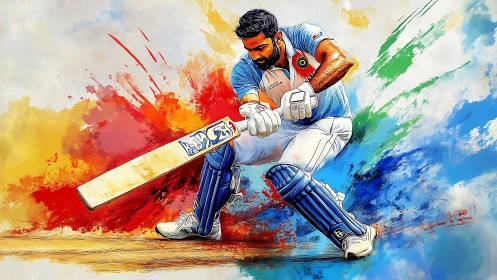 Cricket batsman drives ball through explosive color streaks.