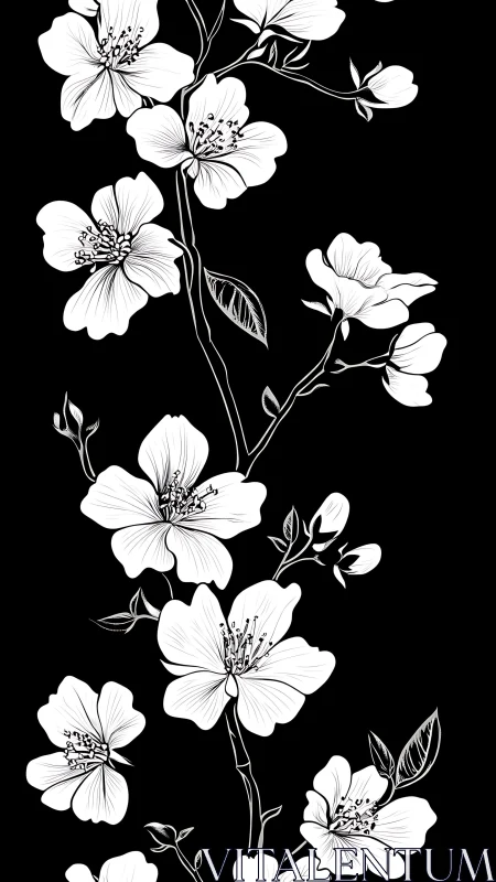 Black and white botanical line drawing of flowering branch.