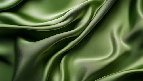 Green satin fabric folds in soft undulating draped layers.