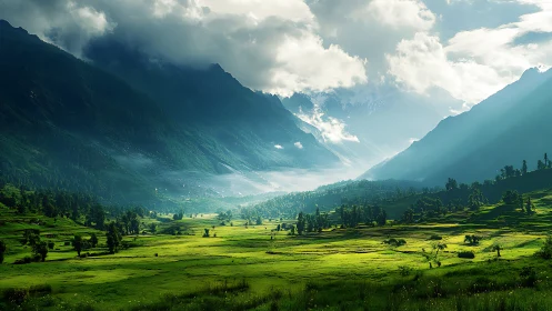 Morning light pours gently across a tranquil green valley