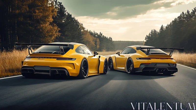 Twin yellow track cars accelerate along forest highway