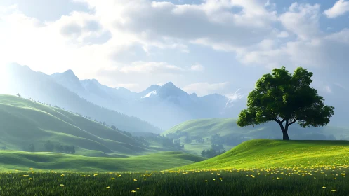 Solitary hilltop tree quietly conducts a symphony of light