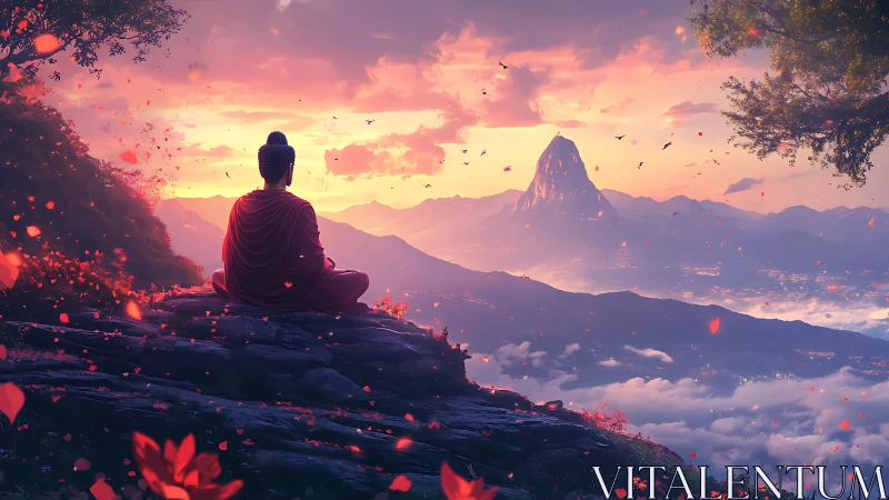 Peaceful monk greets a glowing mountain sunrise in silence