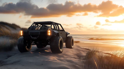 Sunset dune crawler idles at the edge of a shimmering sea.
