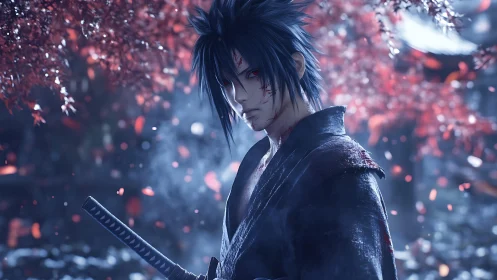 Storm-eyed swordsman beneath drifting crimson leaves.