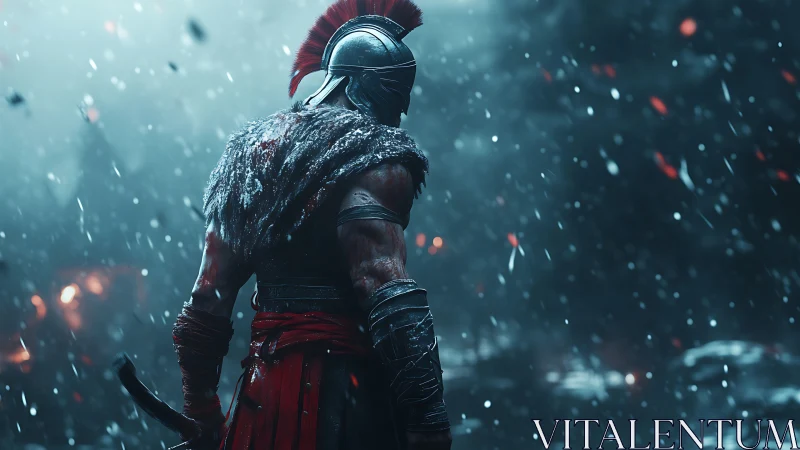 Armored warrior in snowfall on a dimly lit battlefield.