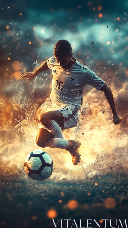 Fiery soccer moment capturing a powerful mid-air kick.