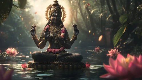 Divine four-armed goddess statue meditating on lotus pond.