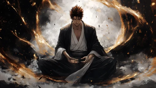 Stormlit warrior breathes fire-ringed calm into the void