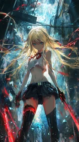 Blonde anime warrior girl stands in glowing urban ruin.