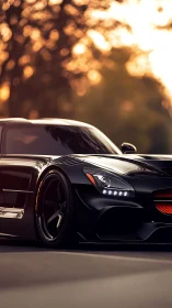 Low black sports car rests under warm sunset bokeh