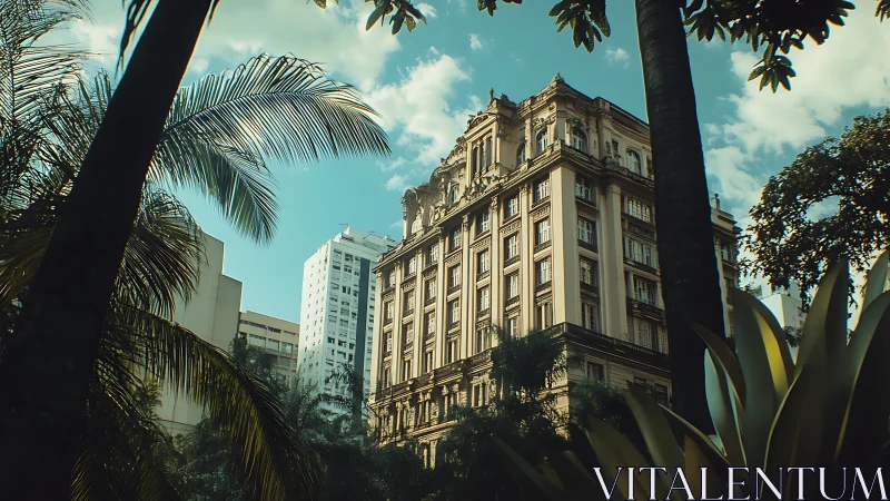 Sunlit heritage tower framed by tropical city jungle.