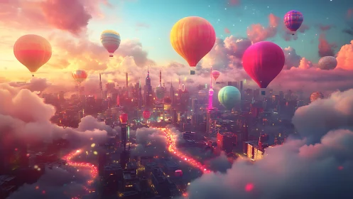 Surreal neon city skyline with floating hot air balloons.