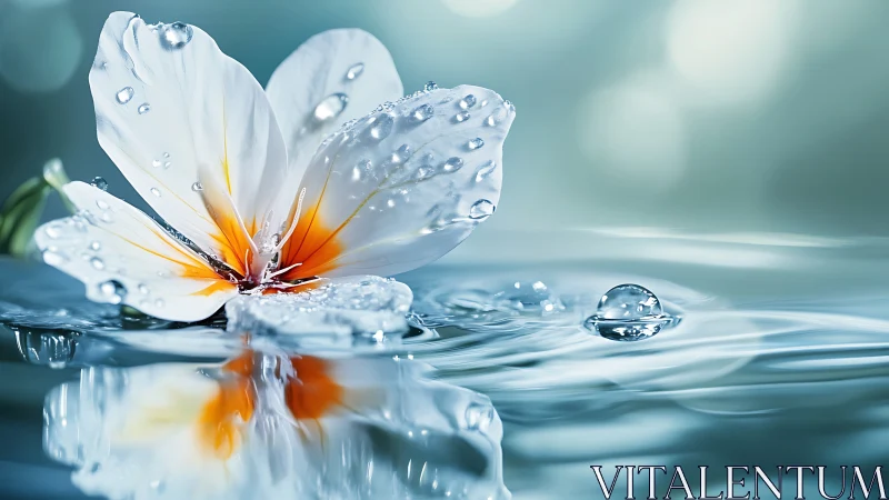 Macro water lily with refractive droplets on reflective surface.