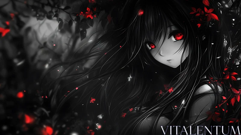 Dark forest anime girl with crimson glowing eyes and petals.