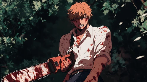 Fierce forest showdown with a bloodied chainsaw hero.