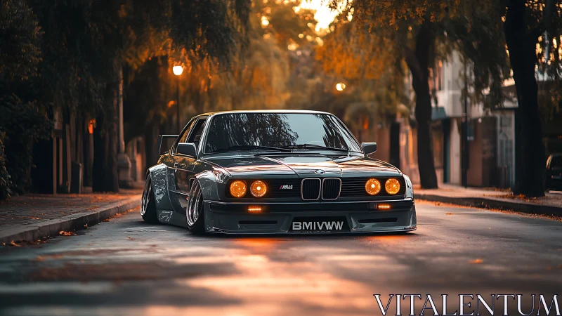 Photoreal low-stanced BMW sedan in warm urban twilight streetscape.