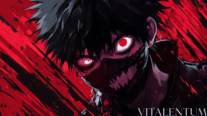 Hostile red-eyed masked figure in high-contrast anime rendering.