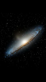 Edge-on spiral galaxy with dense stellar halo and dust lanes.