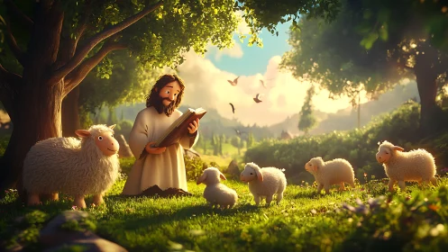 Gentle shepherd reads to lambs in a glowing forest meadow