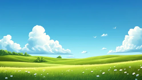 Sunlit rolling meadows under cumulus cloud formations.