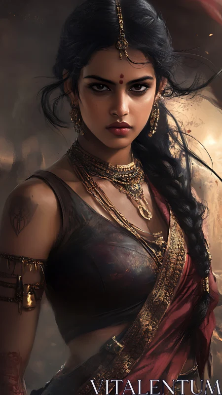 Fierce warrior woman in ornate Indian inspired attire.