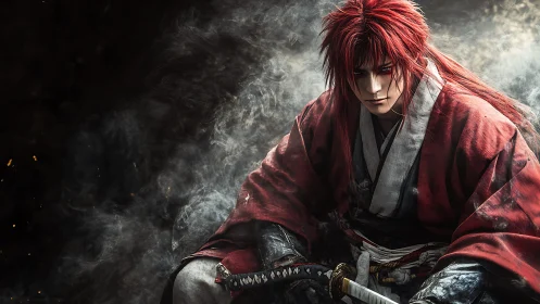 Red-haired samurai warrior in smoky cinematic lighting.