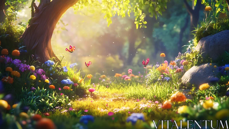 Enchanted Forest Garden: Butterflies Dancing Through Golden Blooms