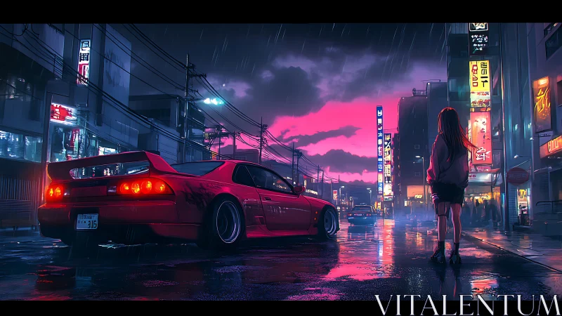 Neon rain street surrounds red sports car and lone girl.