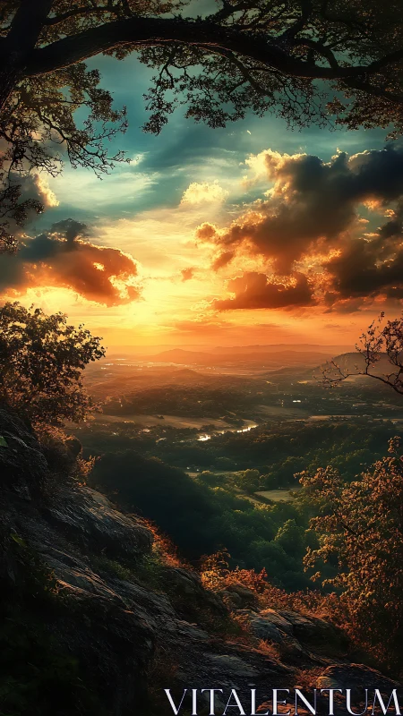 Sunset landscape viewed from rocky forested hillside vantage