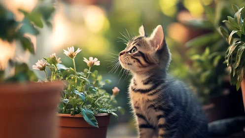 Curious tabby kitten explores blooming garden sanctuary.