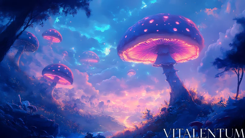 Bioluminescent mushroom forest under radiant twilight sky.