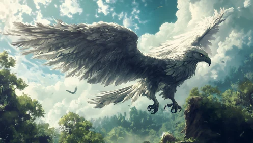 Sky-soaring silver griffin gliding above sunlit forest.