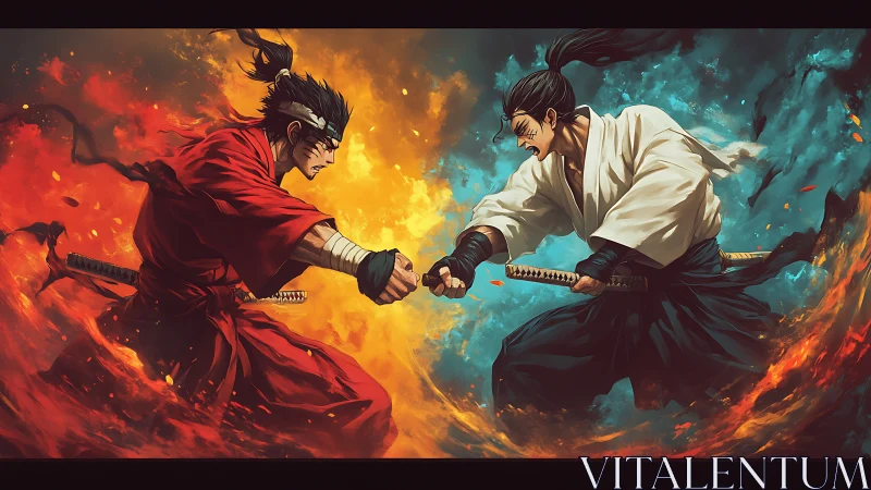 Dynamic anime duel with elemental samurai and split palette.
