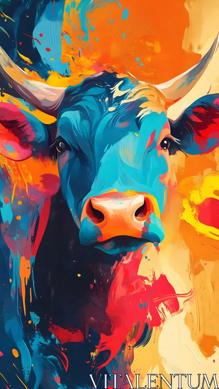 Vibrant multicolor bull portrait in expressive brush strokes.
