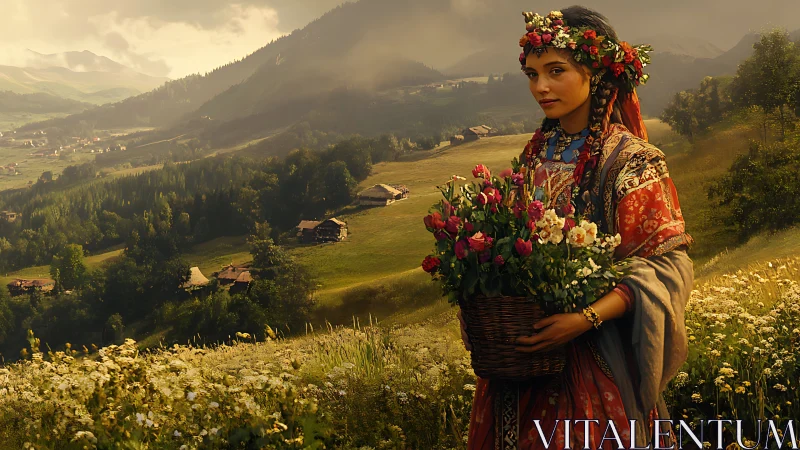 Folk maiden holds flower basket in sunlit mountain meadow.