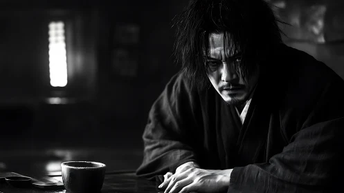 Brooding samurai rests in quiet light and deep reflection.