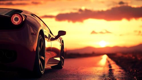 Rear view shows sports car on wet road at sunset