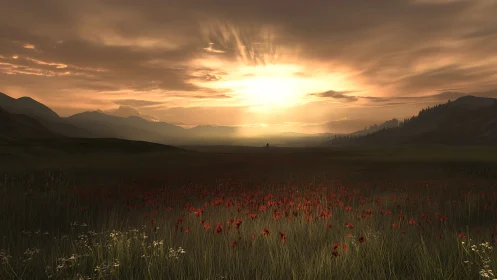 Sunset light passes over mountain valley and flower field