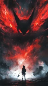 Stormlit hero stands beneath a vast fiery shadow guardian